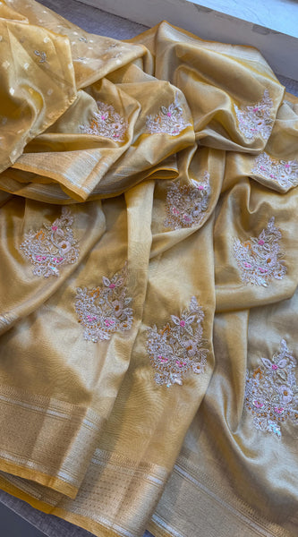 Crush Tissue Handloom Silk Banarasi Saree with Zardozi & Pearl Work