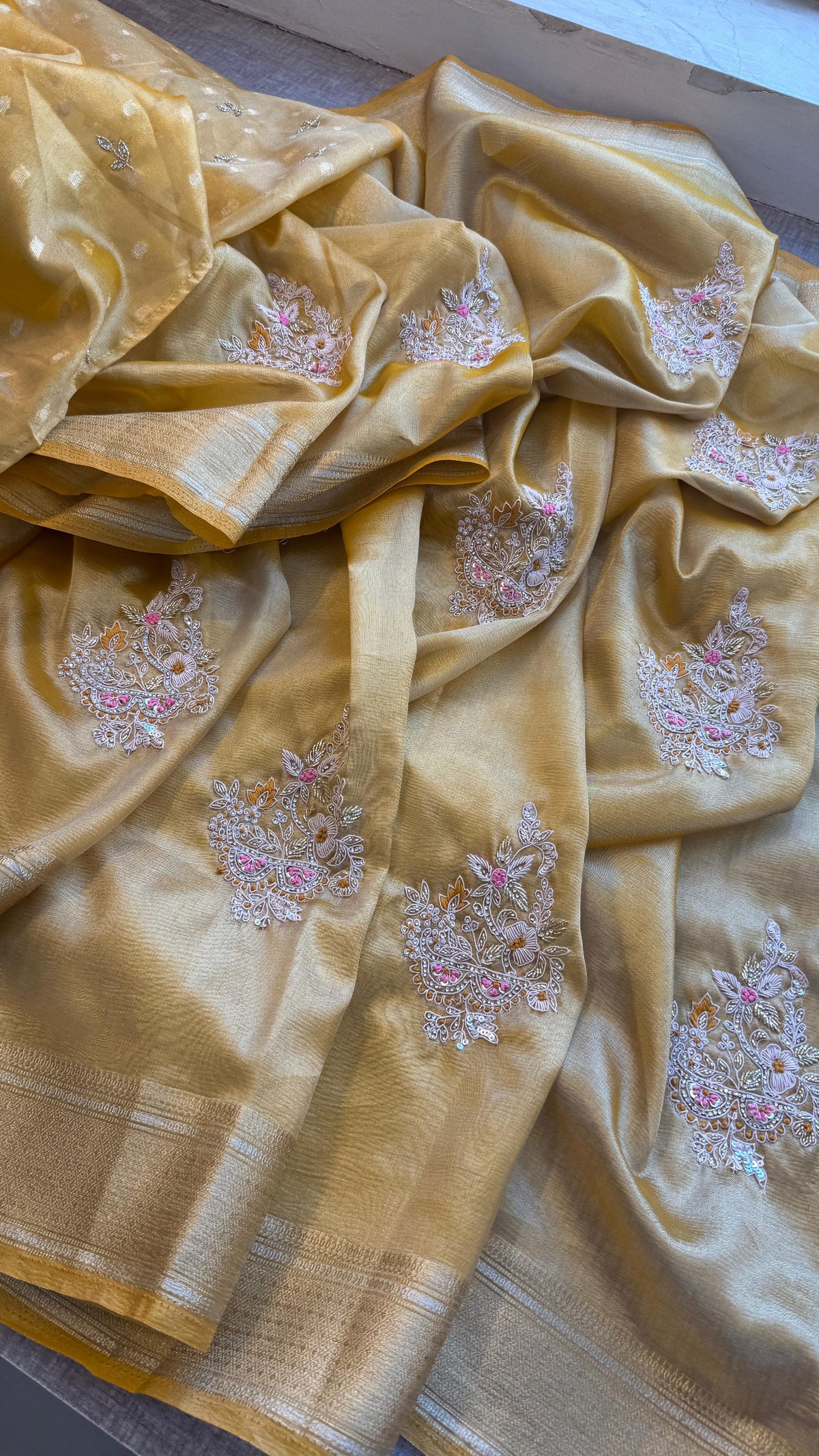 Crush Tissue Handloom Silk Banarasi Saree with Zardozi & Pearl Work