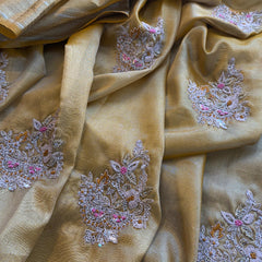 Crush Tissue Handloom Silk Banarasi Saree with Zardozi & Pearl Work