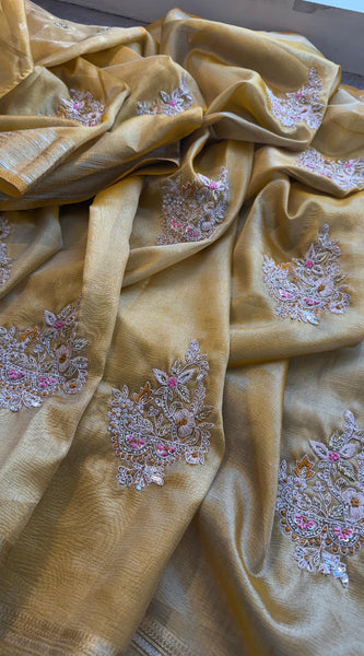 Crush Tissue Handloom Silk Banarasi Saree with Zardozi & Pearl Work