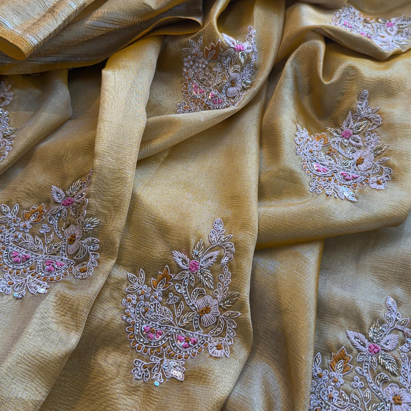 Crush Tissue Handloom Silk Banarasi Saree with Zardozi & Pearl Work