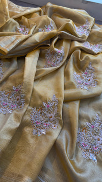 Crush Tissue Handloom Silk Banarasi Saree with Zardozi & Pearl Work