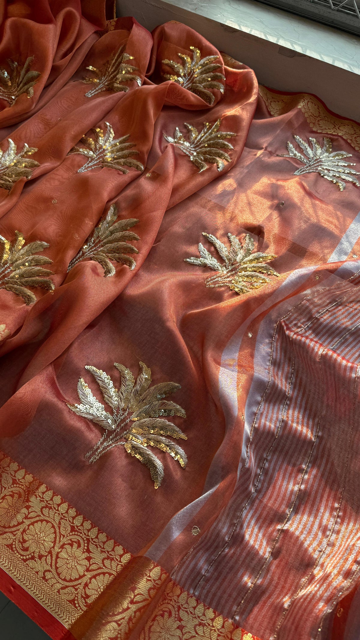 Tissue Handloom Silk Banarasi Saree with Sequins & Zari Detailing