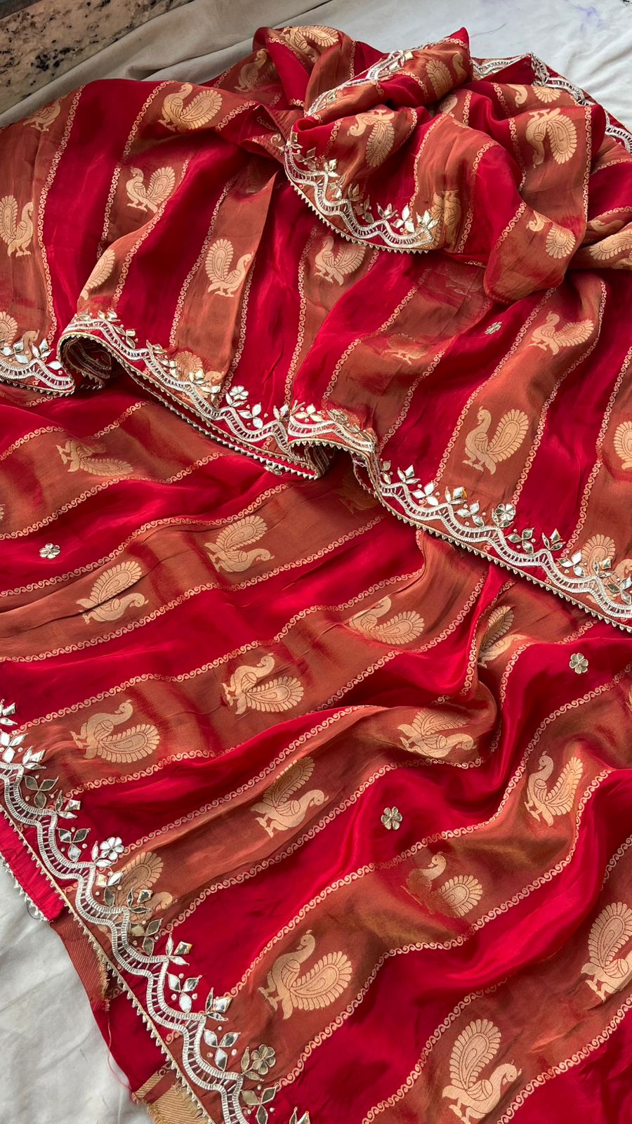 Pure Cosmo Silk Banarasi Wedding Saree with Gotta Patti & Pearl Work