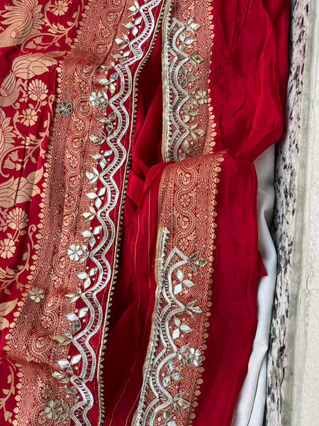 Pure Cosmo Silk Banarasi Wedding Saree with Gotta Patti & Pearl Work