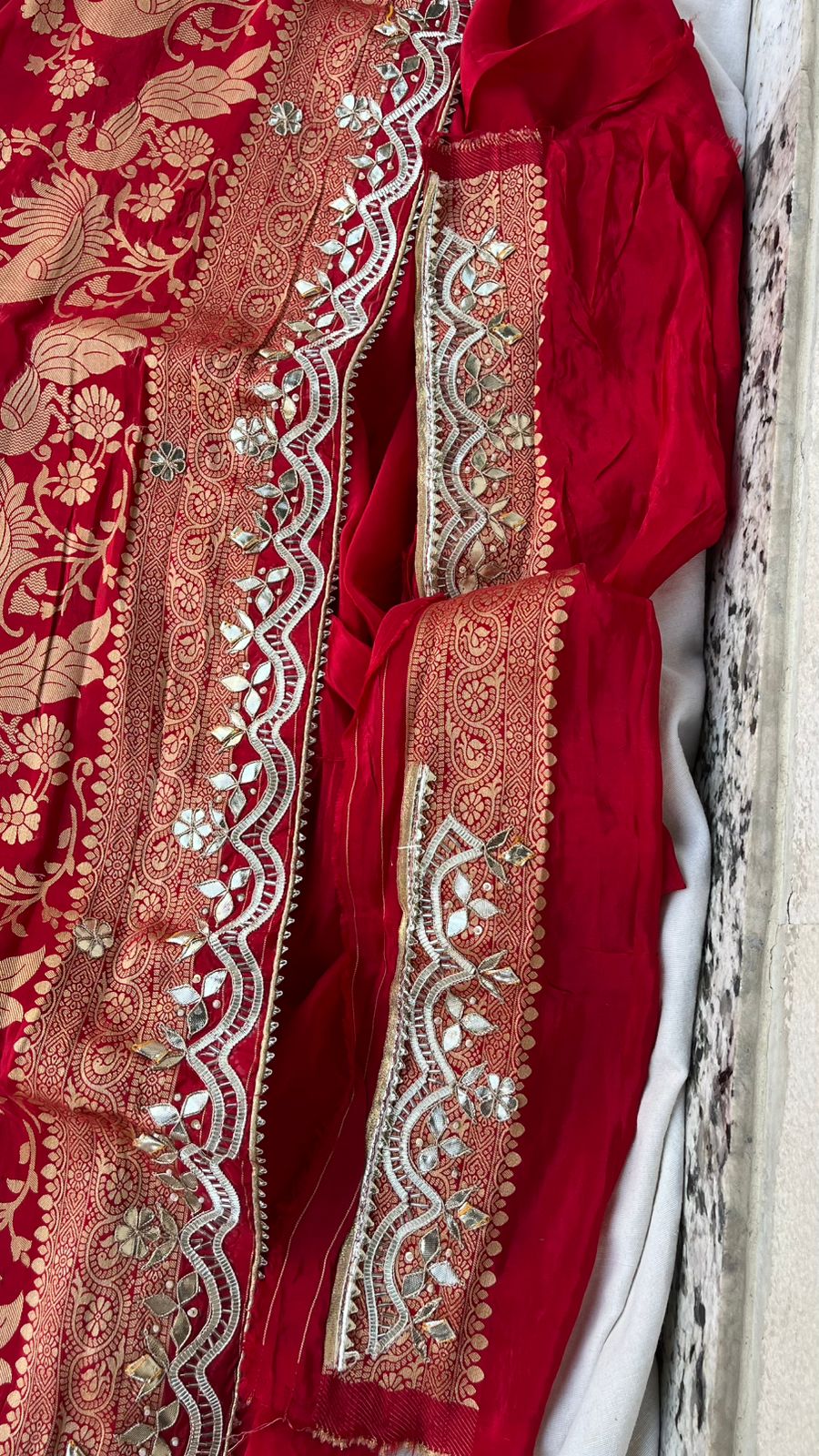 Pure Cosmo Silk Banarasi Wedding Saree with Gotta Patti & Pearl Work