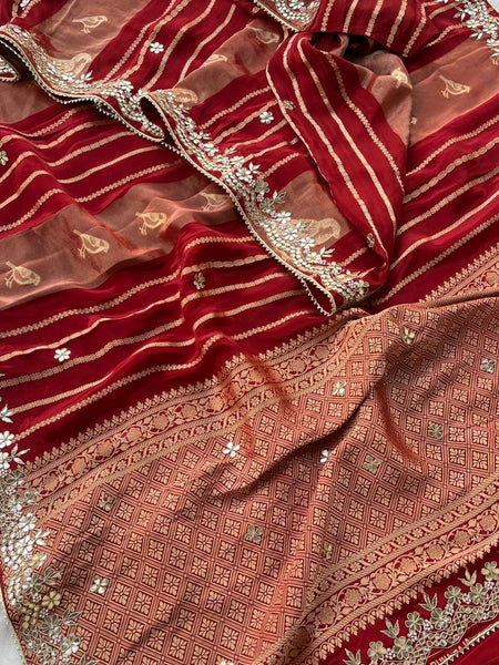 Pure Cosmos Silk Banarasi Wedding Saree with Zardozi & Gotta Patti Work