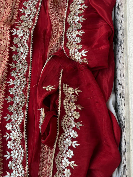 Pure Cosmos Silk Banarasi Wedding Saree with Zardozi & Gotta Patti Work