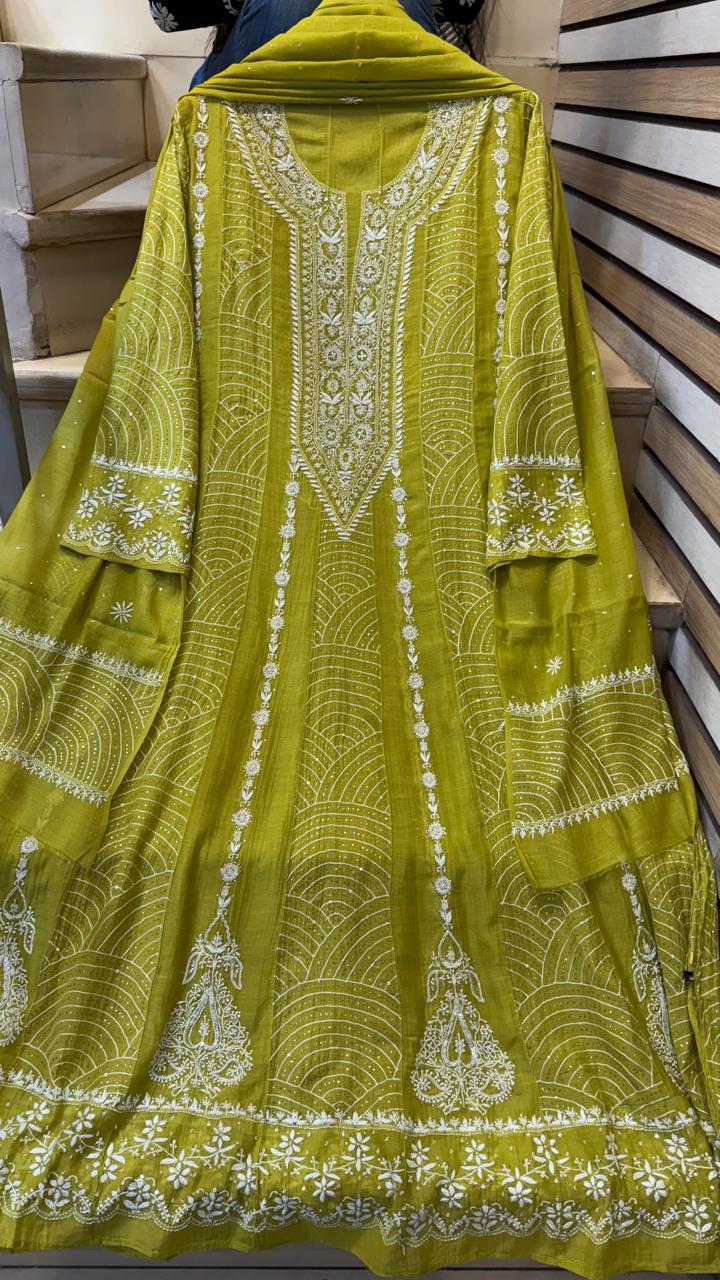 Pure Mul Chanderi Anarkali Kurta Dupatta Set with Mukaish Work