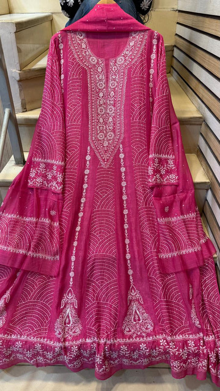 Pure Mul Chanderi Anarkali Kurta Dupatta Set with Mukaish Work