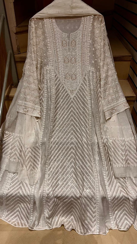 Pure Mul Chanderi Anarkali Kurta Dupatta Set with Sequins, Katdana & Kasab Work (Dyeable)