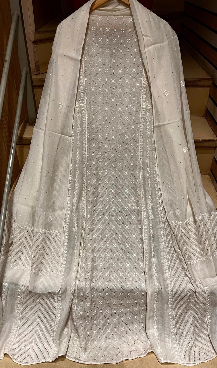 Pure Mul Chanderi Anarkali Kurta Dupatta Set with Sequins, Katdana & Kasab Work (Dyeable)