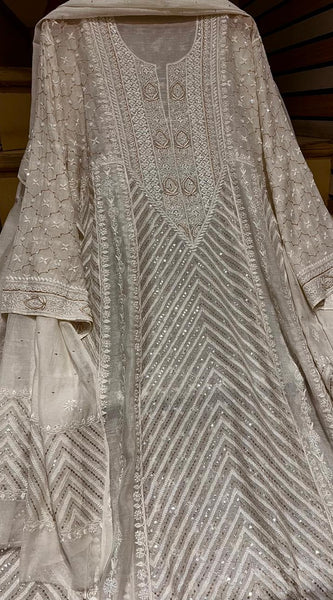 Pure Mul Chanderi Anarkali Kurta Dupatta Set with Sequins, Katdana & Kasab Work (Dyeable)