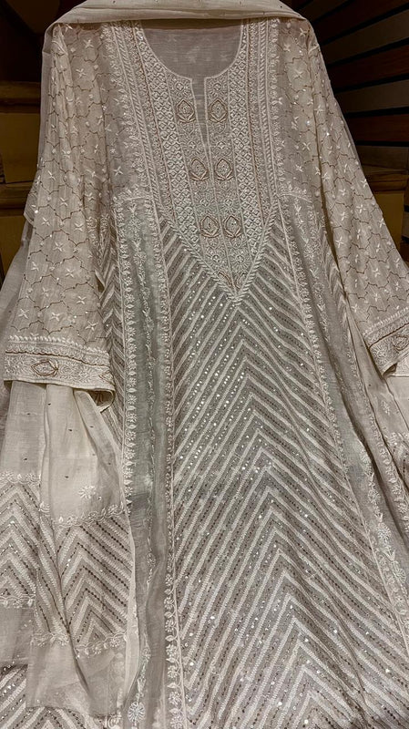 Pure Mul Chanderi Anarkali Kurta Dupatta Set with Sequins, Katdana & Kasab Work (Dyeable)