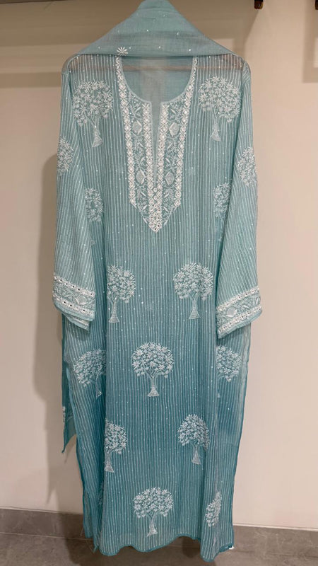 Pure Mul Chanderi Kurta Dupatta Set with Sequins & Katdana Work
