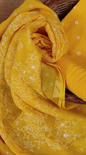 Banarasi Silk Kota Bandhani Chikankari Dupatta with Chanderi Bandhani