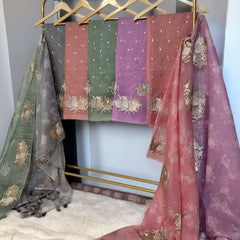 Pure Organza Silk Triple Bail Embroidered Suit with Printed Dupatta