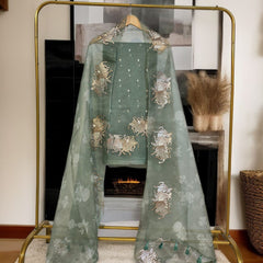 Pure Organza Silk Triple Bail Embroidered Suit with Printed Dupatta