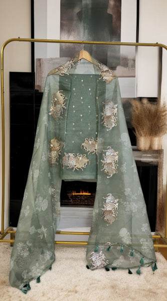 Pure Organza Silk Triple Bail Embroidered Suit with Printed Dupatta