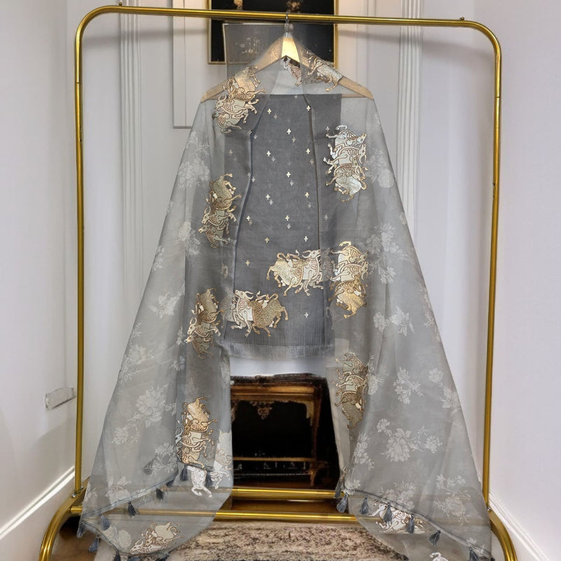 Pure Organza Silk Triple Bail Embroidered Suit with Printed Dupatta