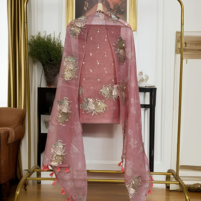 Pure Organza Silk Triple Bail Embroidered Suit with Printed Dupatta