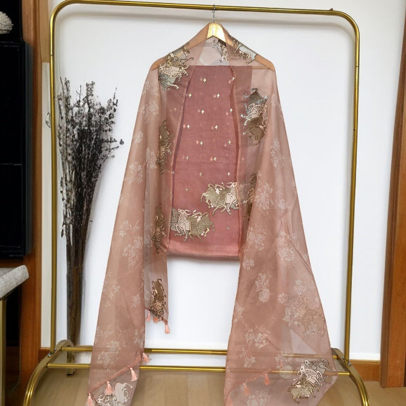 Pure Organza Silk Triple Bail Embroidered Suit with Printed Dupatta