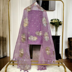 Pure Organza Silk Triple Bail Embroidered Suit with Printed Dupatta