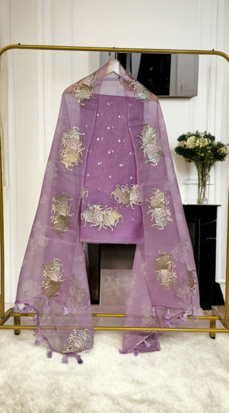 Pure Organza Silk Triple Bail Embroidered Suit with Printed Dupatta