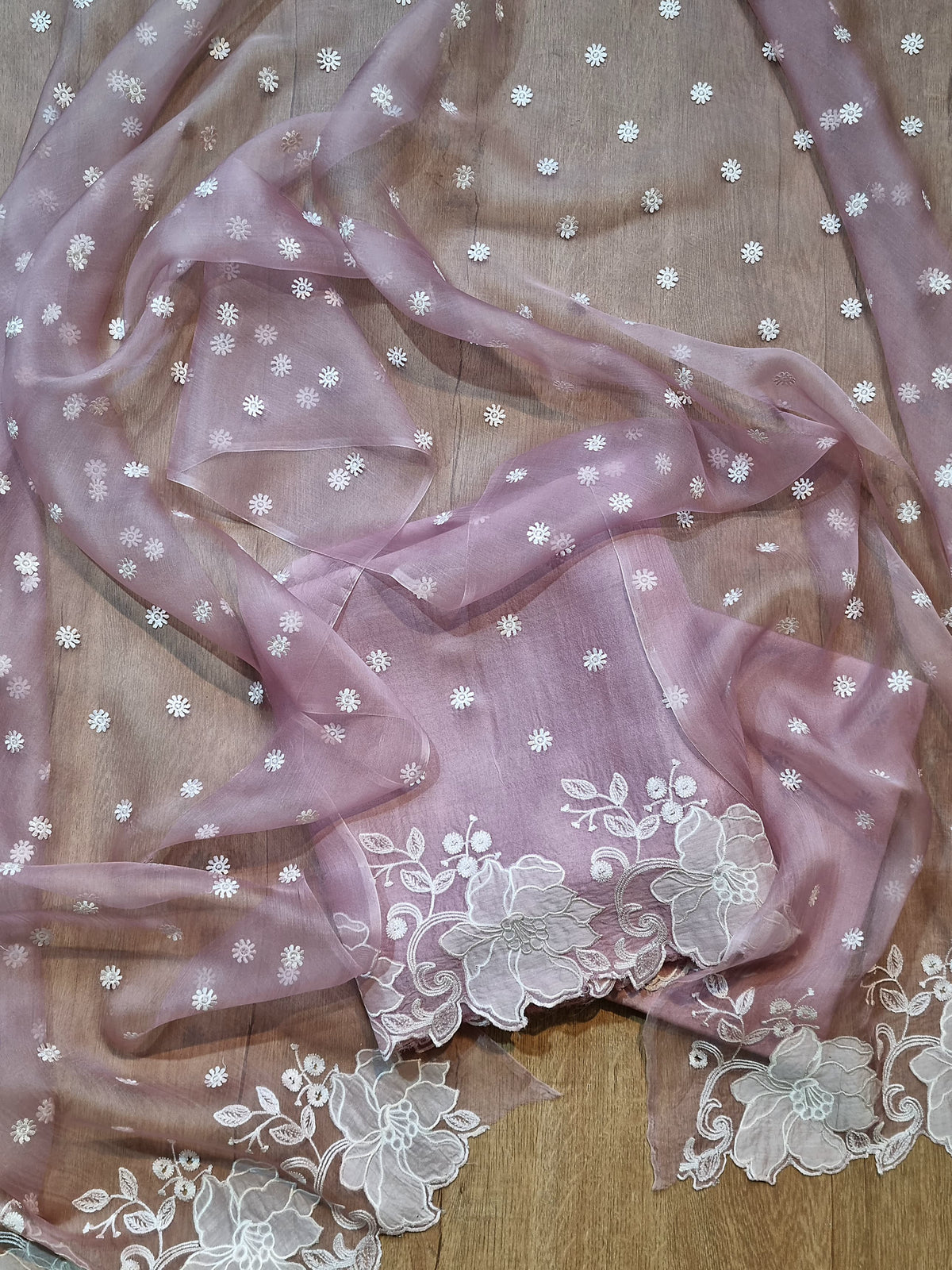 Pure Organza Silk Appliqué Chikankari Embroidered Suit with Dupatta