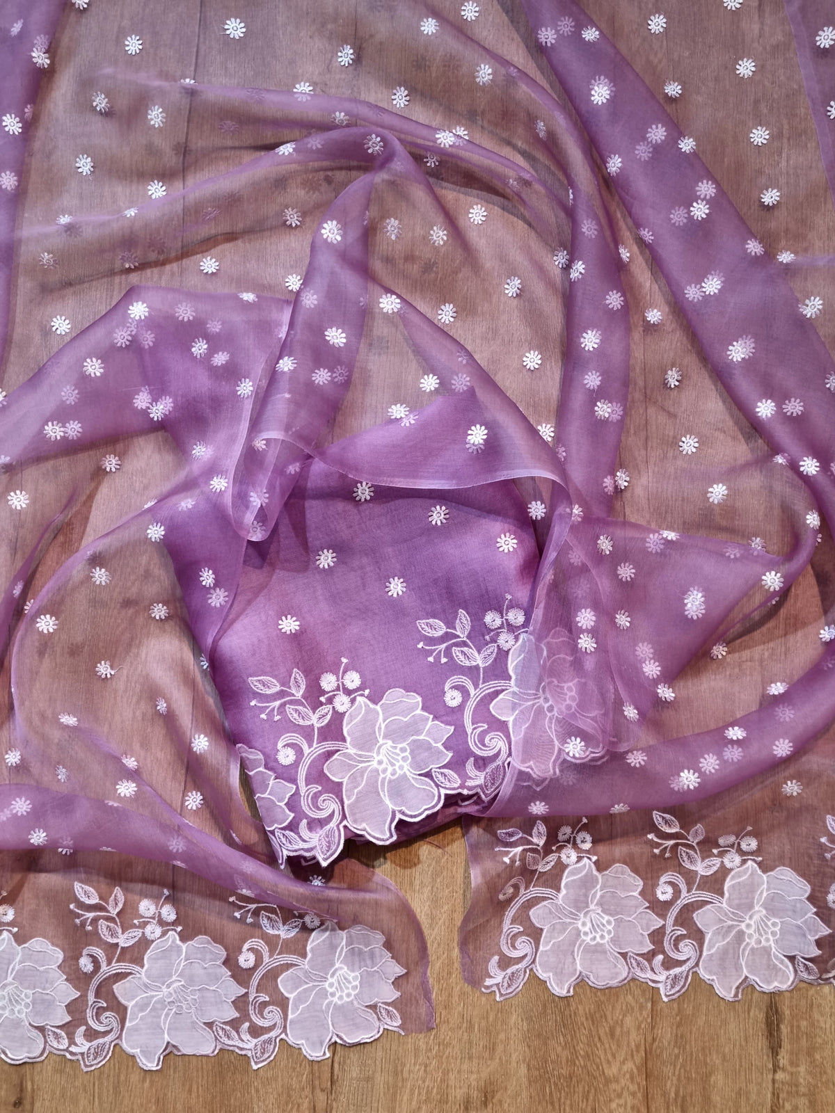 Pure Organza Silk Appliqué Chikankari Embroidered Suit with Dupatta