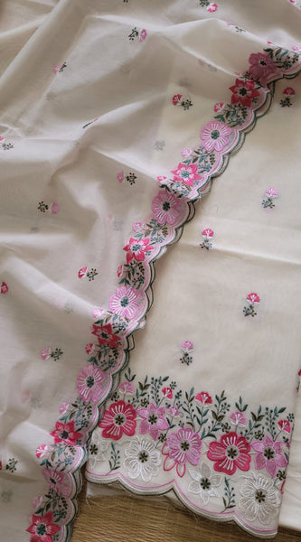 Banarasi Mul Cotton Embroidered Suit with Floral Detailing & Dupatta