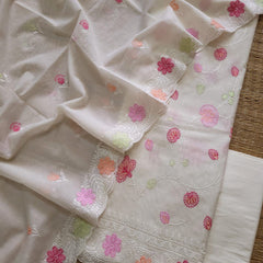 Banarasi Mul Cotton Embroidered Suit with Floral Detailing & Dupatta