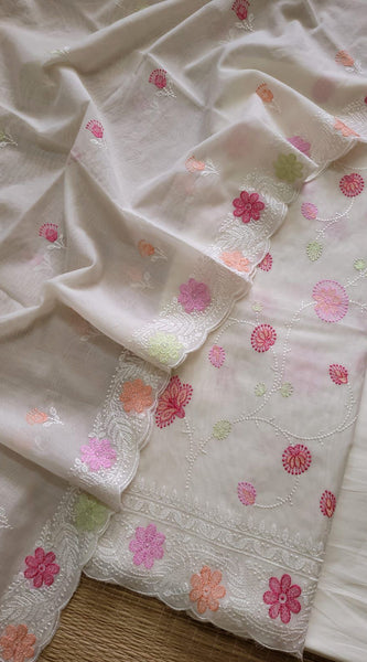 Banarasi Mul Cotton Embroidered Suit with Floral Detailing & Dupatta