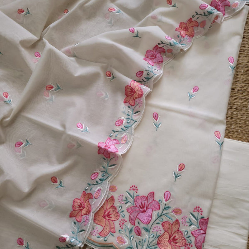 Banarasi Mul Cotton Embroidered Suit with Floral Detailing & Dupatta