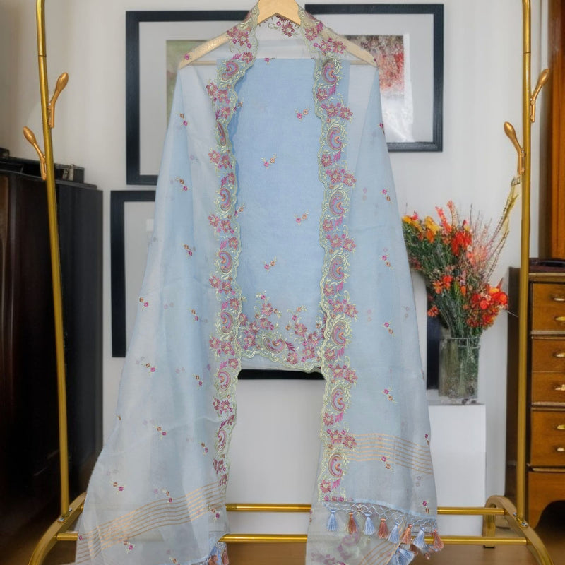 Pure Organza Silk Chikankari Embroidered Suit with Dupatta & Cotton Bottom