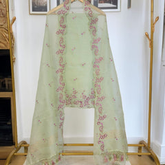 Pure Organza Silk Chikankari Embroidered Suit with Dupatta & Cotton Bottom
