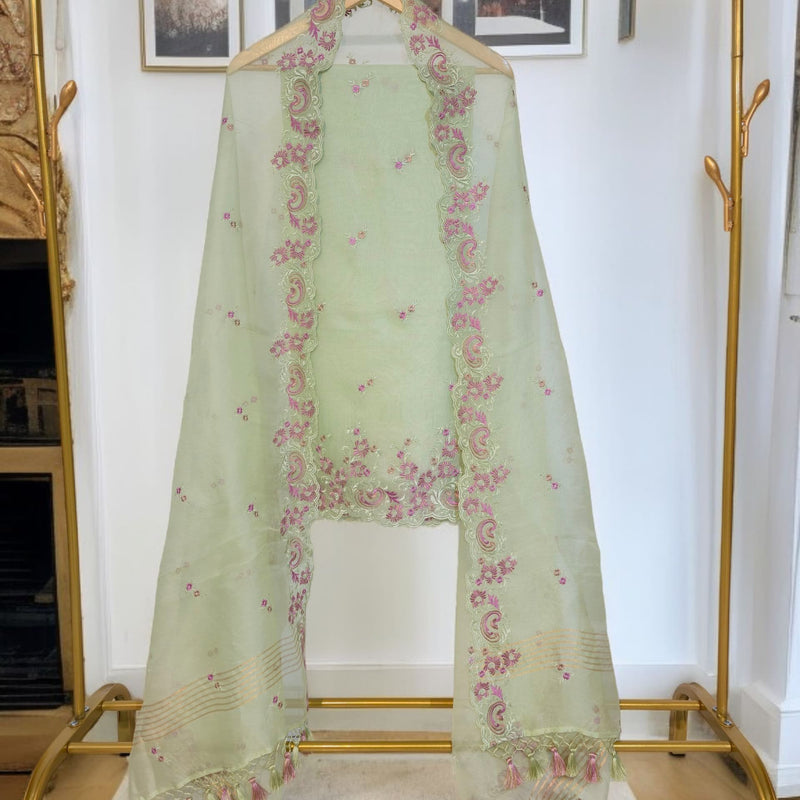 Pure Organza Silk Chikankari Embroidered Suit with Dupatta & Cotton Bottom