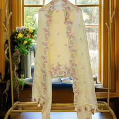 Pure Organza Silk Chikankari Embroidered Suit with Dupatta & Cotton Bottom