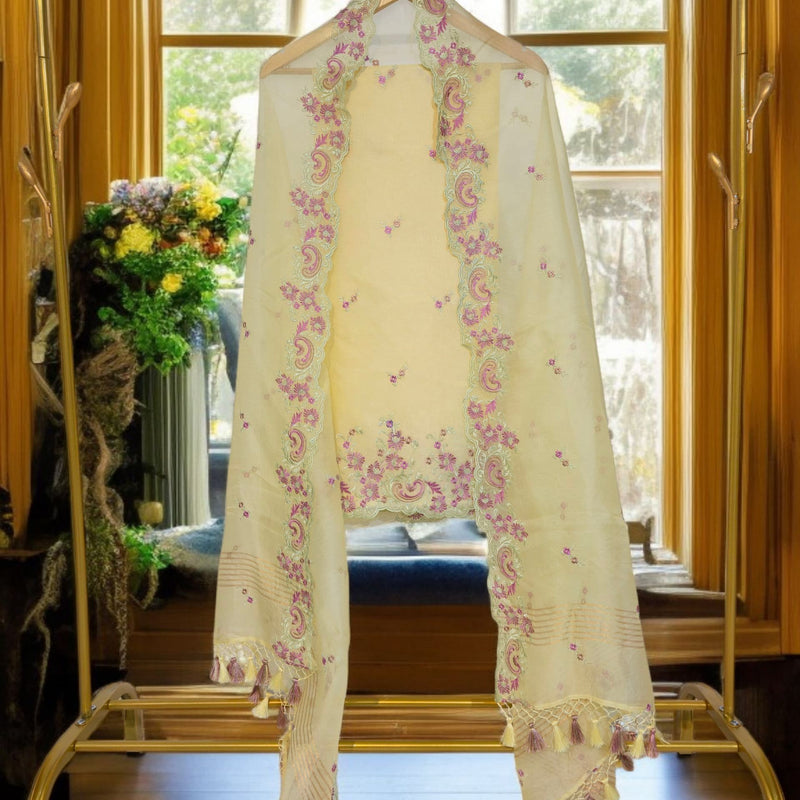 Pure Organza Silk Chikankari Embroidered Suit with Dupatta & Cotton Bottom