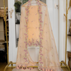 Pure Organza Silk Chikankari Embroidered Suit with Dupatta & Cotton Bottom