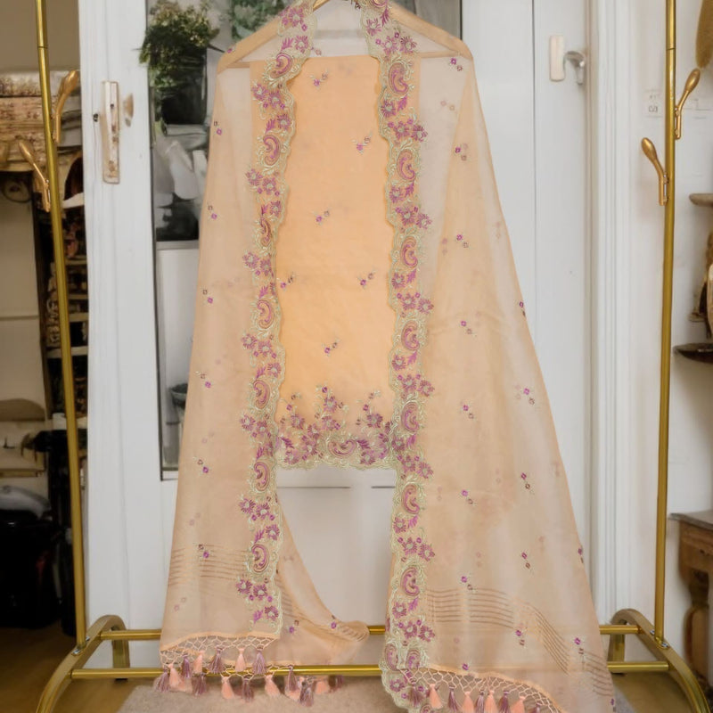 Pure Organza Silk Chikankari Embroidered Suit with Dupatta & Cotton Bottom