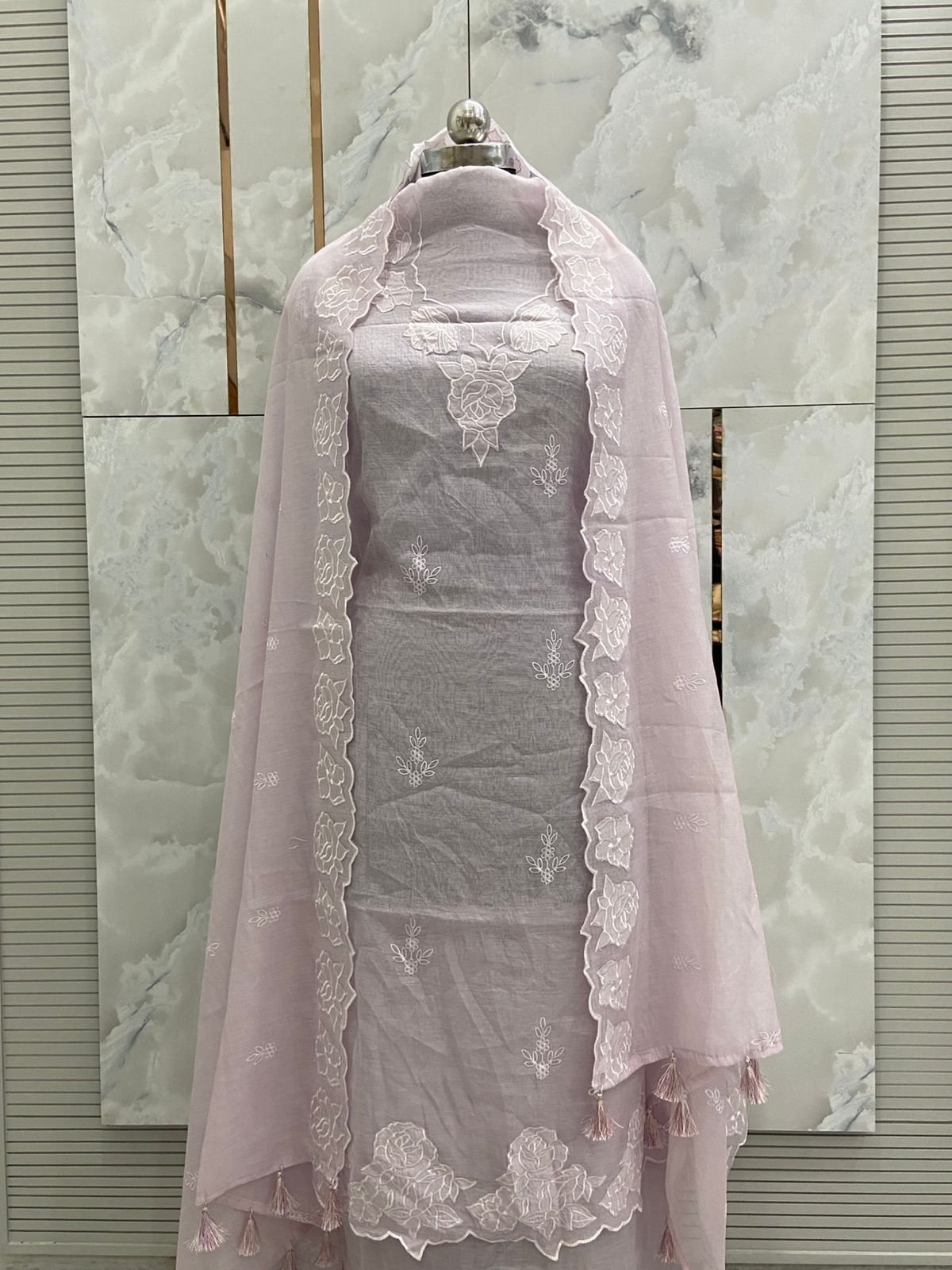 Banarasi Pure Silk Mul Chanderi Appliqué Embroidered Suit with Dupatta