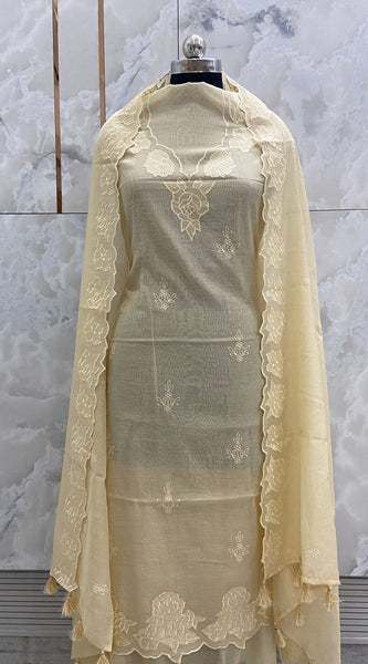 Banarasi Pure Silk Mul Chanderi Appliqué Embroidered Suit with Dupatta
