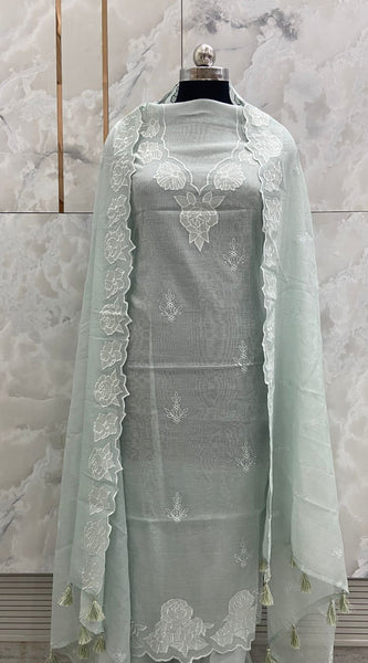 Banarasi Pure Silk Mul Chanderi Appliqué Embroidered Suit with Dupatta