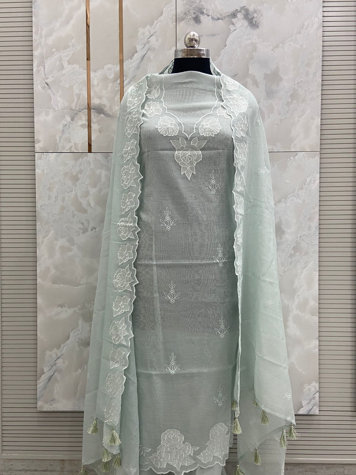 Banarasi Pure Silk Mul Chanderi Appliqué Embroidered Suit with Dupatta