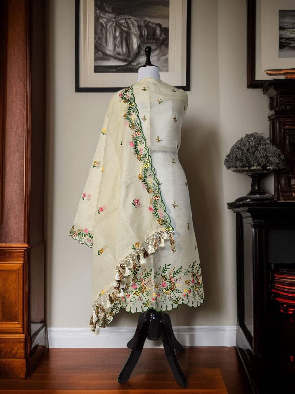 Banarasi Organza Chanderi Silk Embroidered Suit with Hand Abla Work