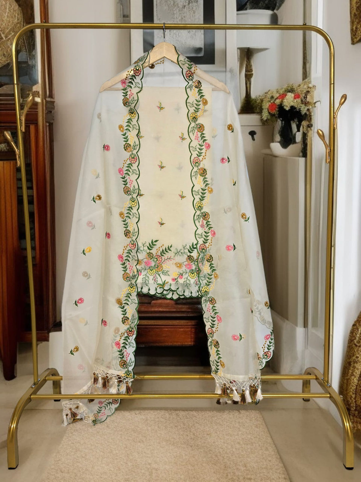 Banarasi Organza Chanderi Silk Embroidered Suit with Hand Abla Work