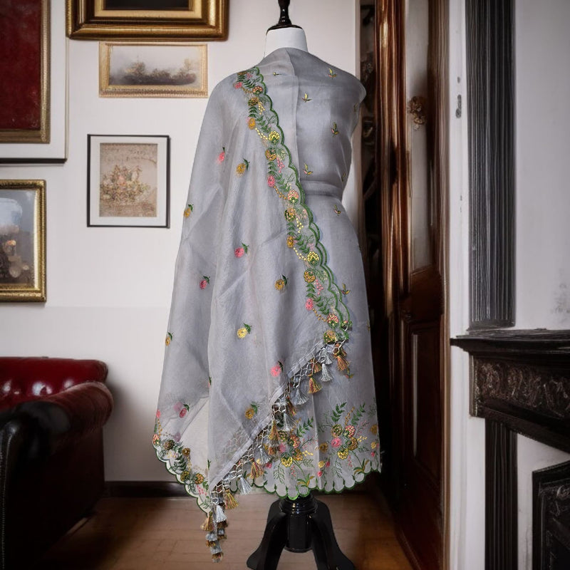 Banarasi Organza Chanderi Silk Embroidered Suit with Hand Abla Work