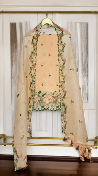Banarasi Organza Chanderi Silk Embroidered Suit with Hand Abla Work