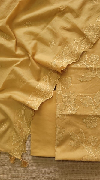 Banarasi Mul Cotton Appliqué Work Suit with Embroidered Dupatta & Cotton Bottom